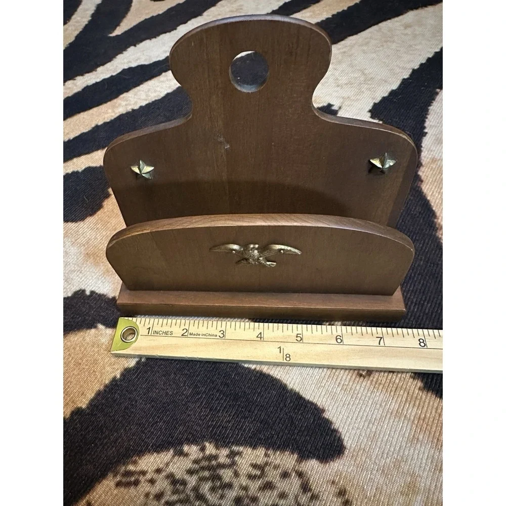 Vintage Mid century Eagle Wooden‎ Brass Letter Recipe Napkin Holder